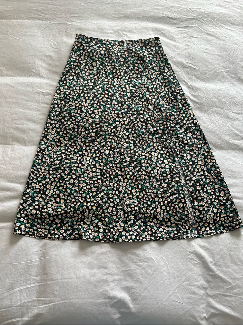 Black Floral Pattern High Waist Midi Side Slit Skirt